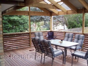 Pergola and Deck Constructed by Heath Landscaping Southern Tasmania.  Pergola, Paving and Sleeper Wall Heath Landscaping Southern Tasmania Pergolas Heath Landscaping