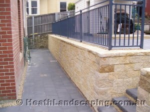 Timber Stairs, Retaining Wall and Driveway Constructed by Heath Landscaping Southern Tasmania Retaining Wall With Stairs and Paving Constructed by Heath Landscaping Southern Tasmania. Retaining Walls Heath Landscaping