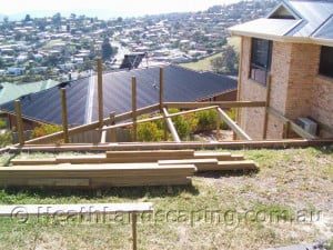 Timber Deck and Sleeper Wall Constructed by Heath Landscaping Southern Tasmania.
