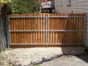 Pelawon Timber Gate With Metal Frame Constructed by Heath Landscaping Southern Tasmania.